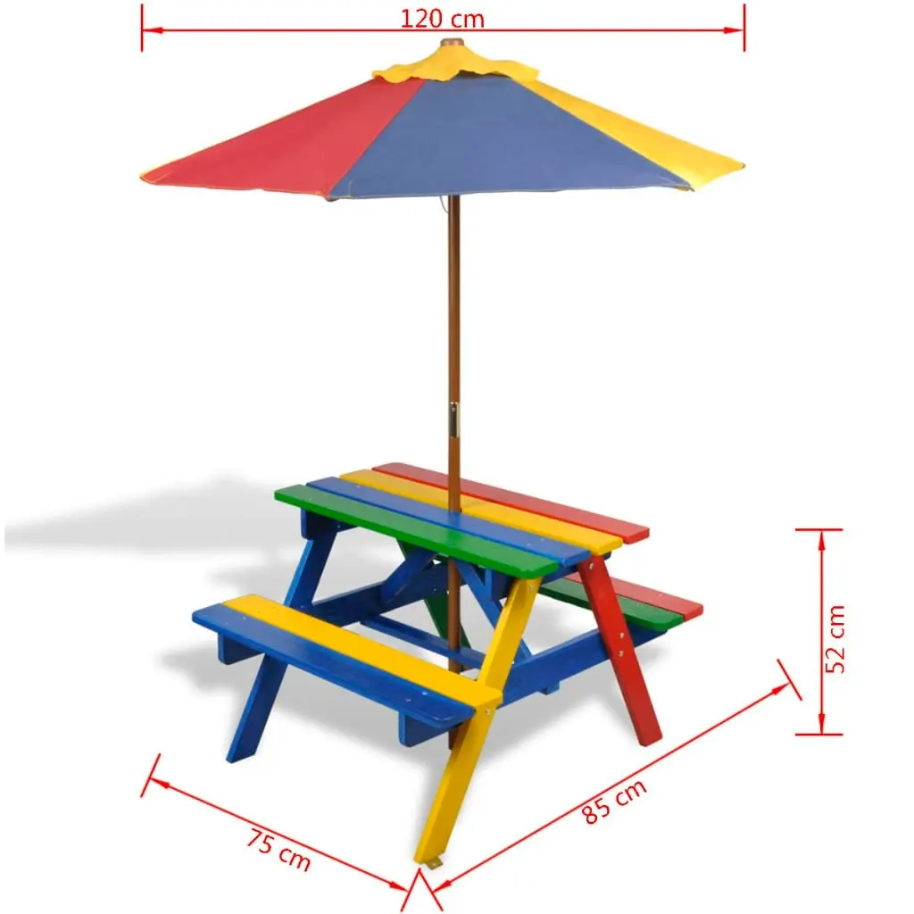 Kids' Picnic Table with Benches and Parasol Multicolour Wood 40773