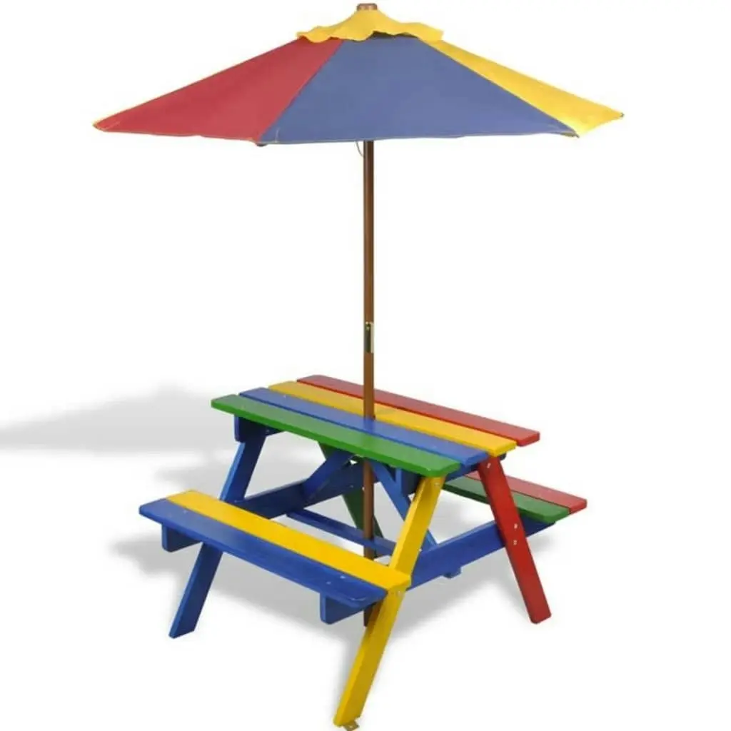 Kids' Picnic Table with Benches and Parasol Multicolour Wood 40773