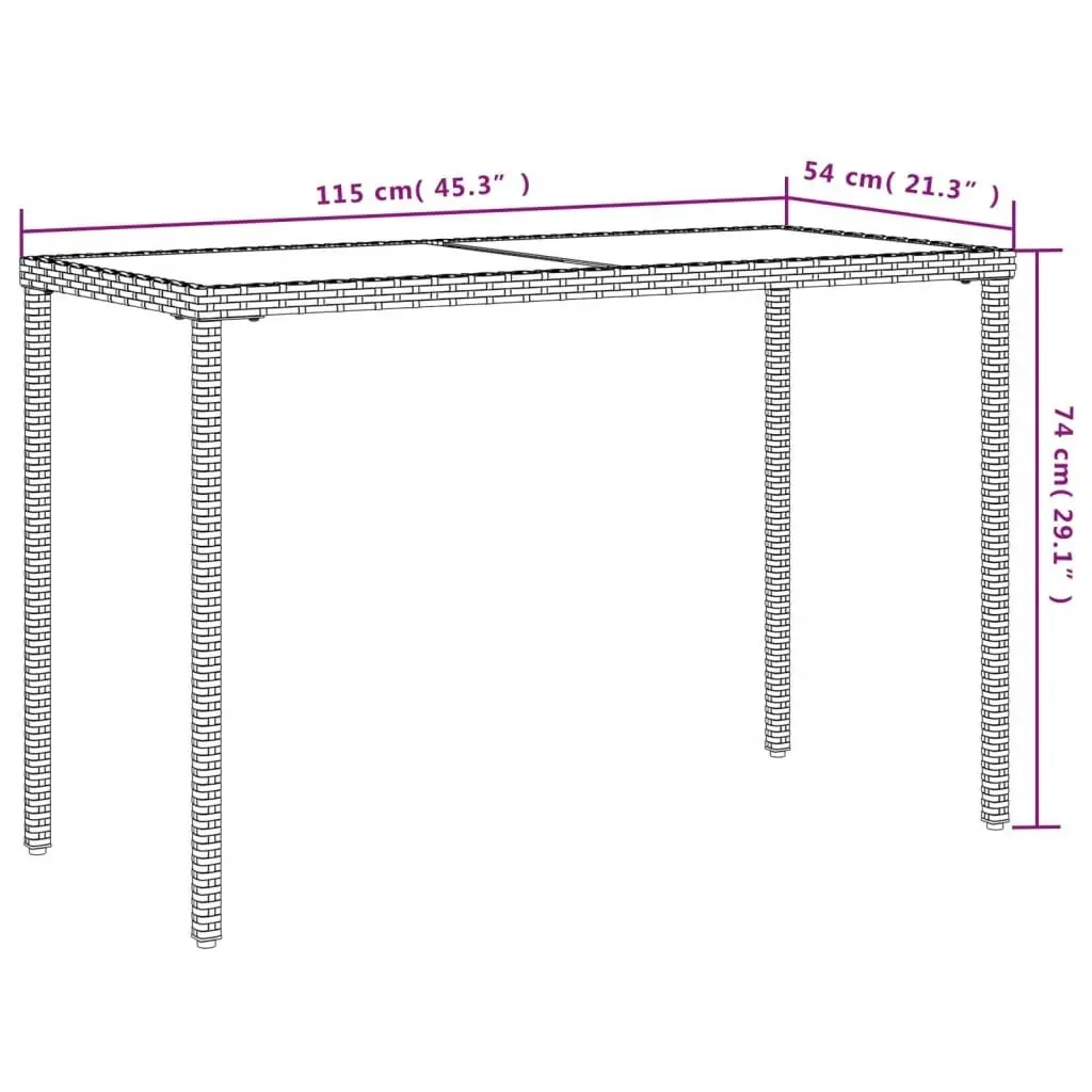 Garden Table with Glass Top Light Grey 115x54x74 cm Poly Rattan 365079