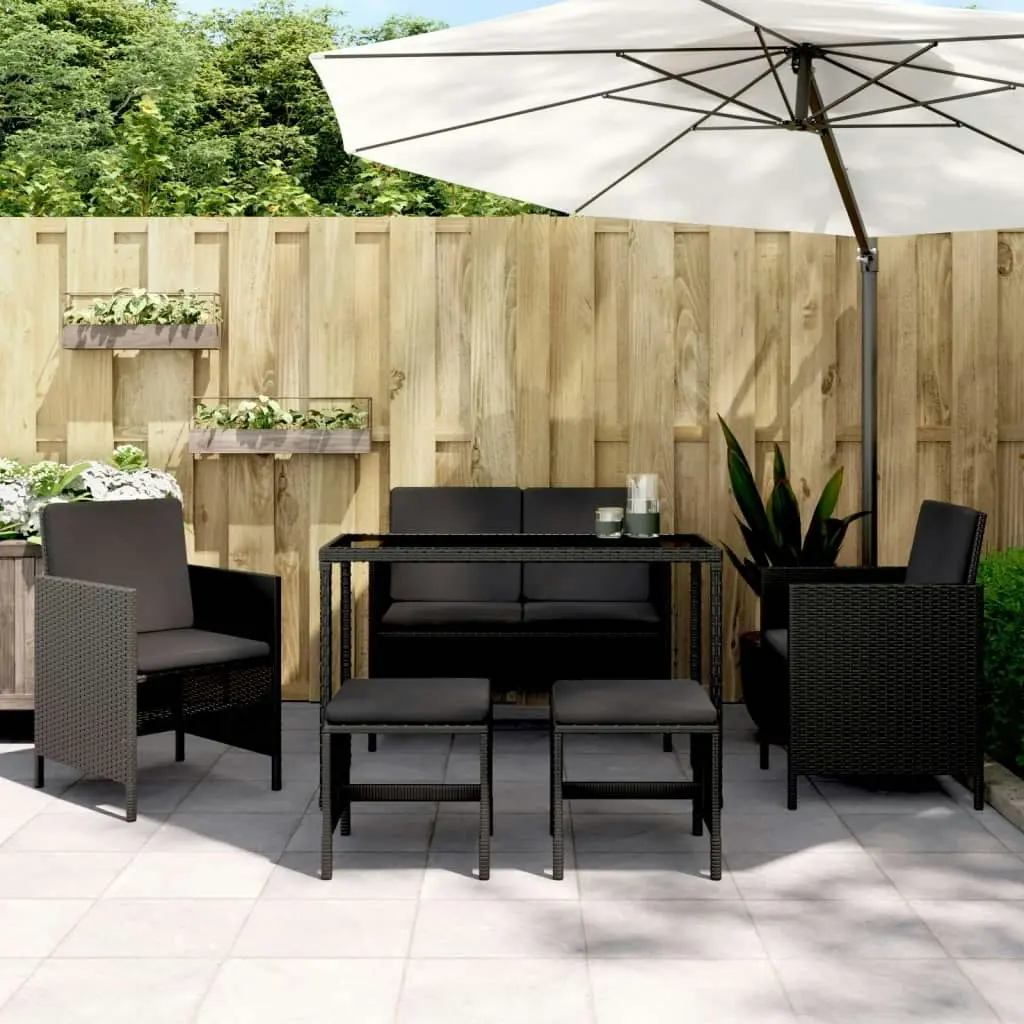 6 Piece Garden Dining Set with Cushions Black Poly Rattan 363398