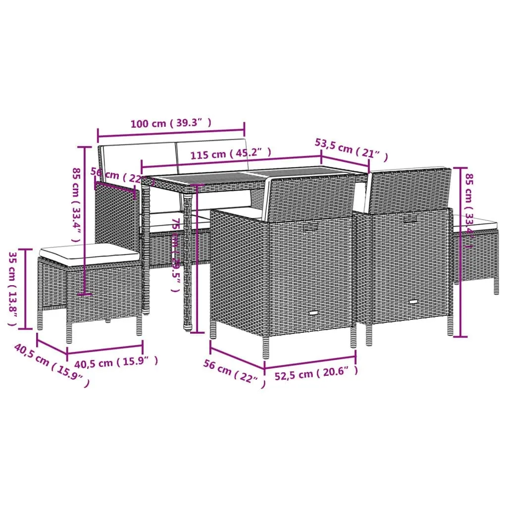 6 Piece Garden Dining Set with Cushions Black Poly Rattan 363401