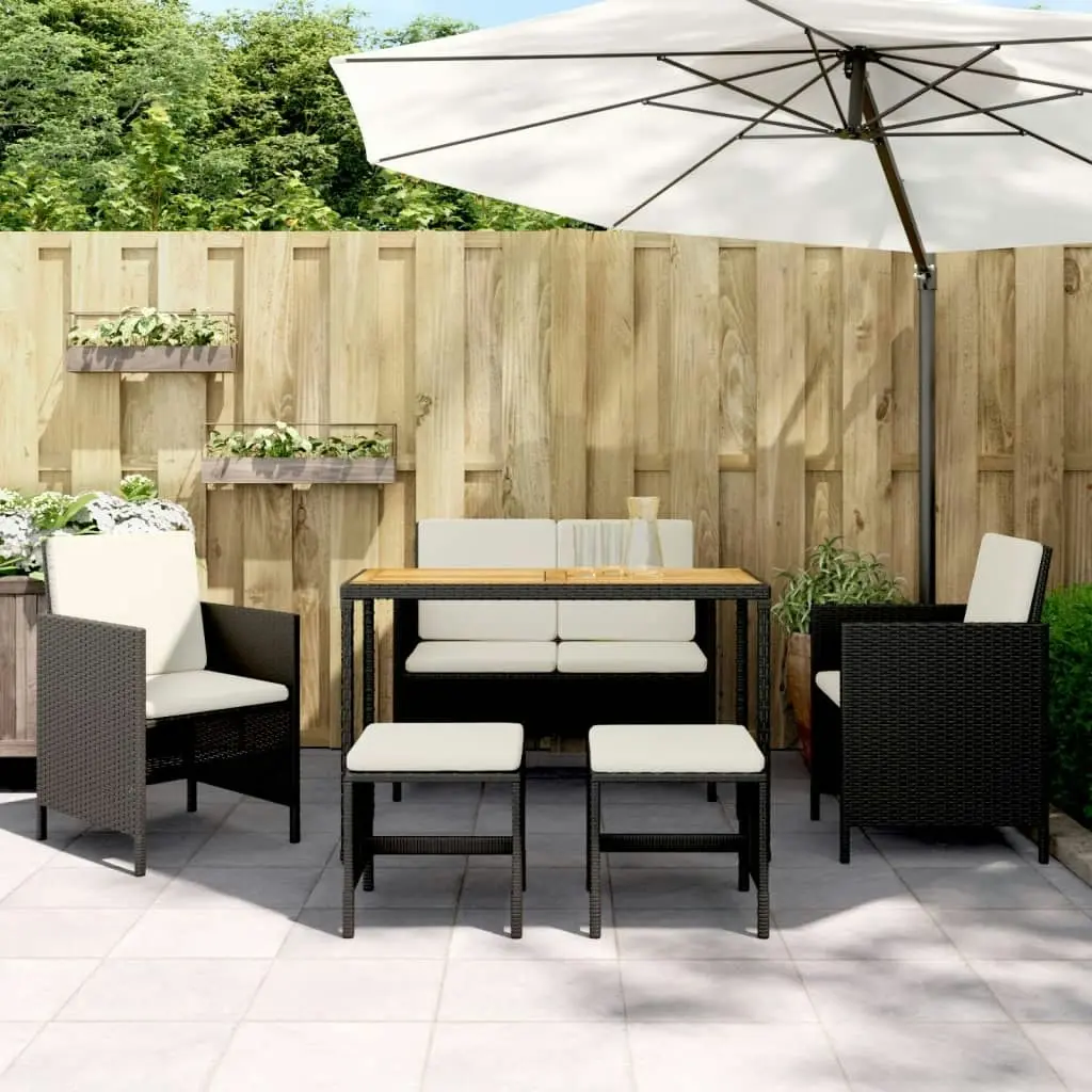 6 Piece Garden Dining Set with Cushions Black Poly Rattan 363401