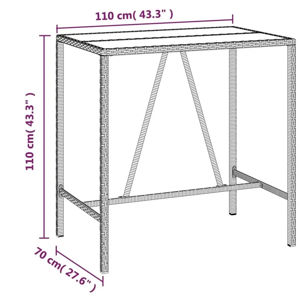 Bar Table with Glass Top Black 110x70x110 cm Poly Rattan 362588