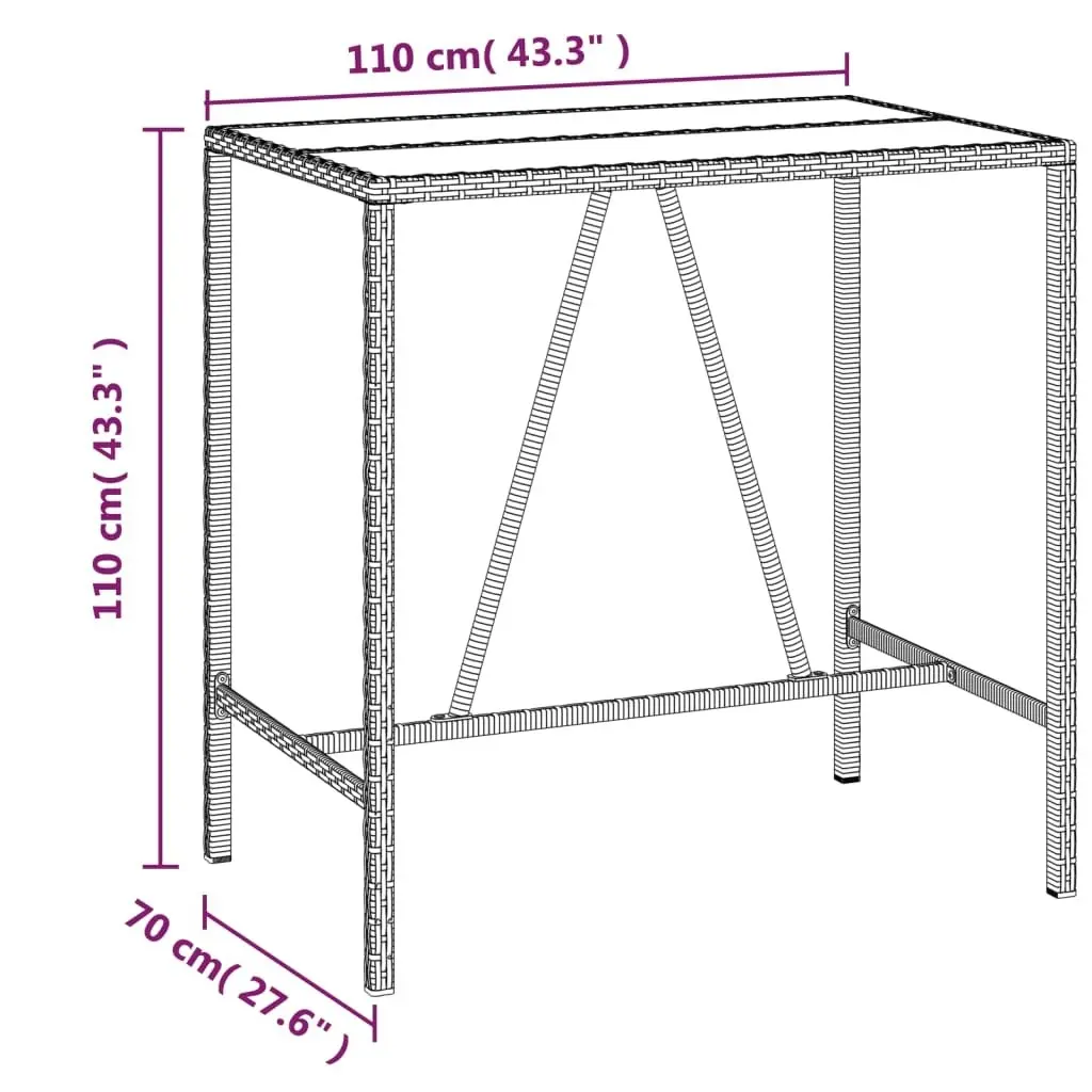 Bar Table with Glass Top Grey 110x70x110 cm Poly Rattan 362589