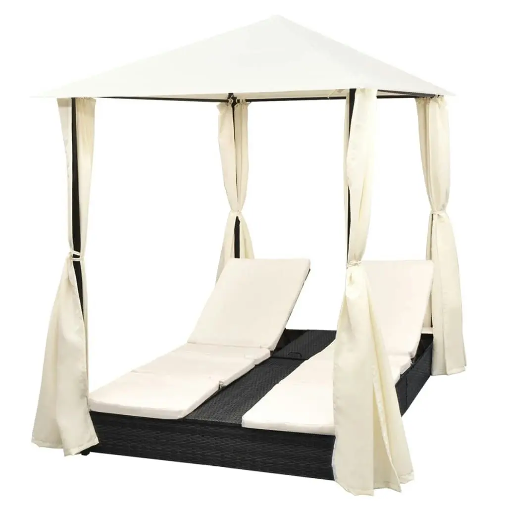 Double Sun Lounger with Curtains Poly Rattan Black 42891