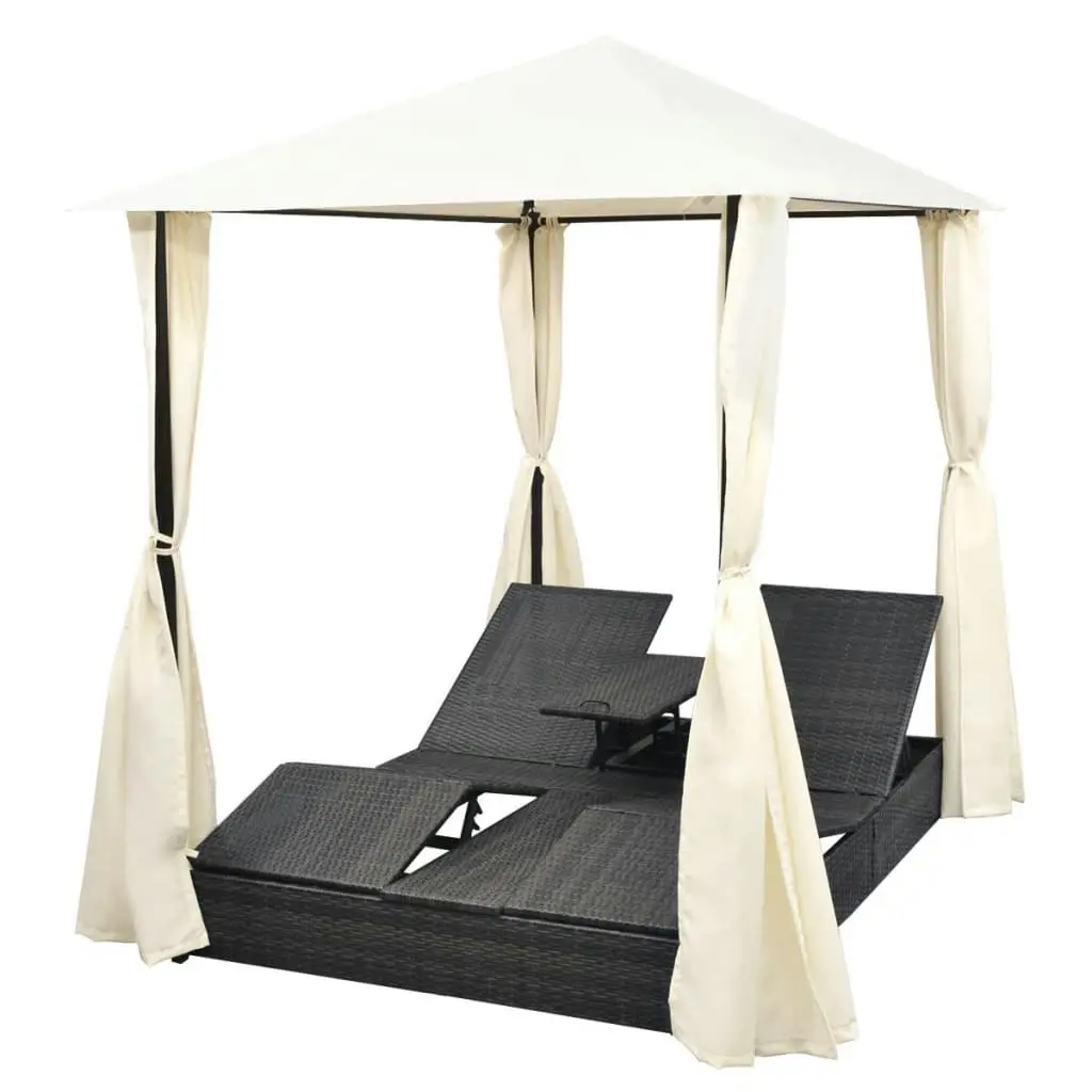 Double Sun Lounger with Curtains Poly Rattan Black 42891