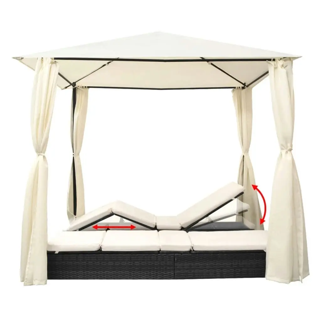 Double Sun Lounger with Curtains Poly Rattan Black 42891