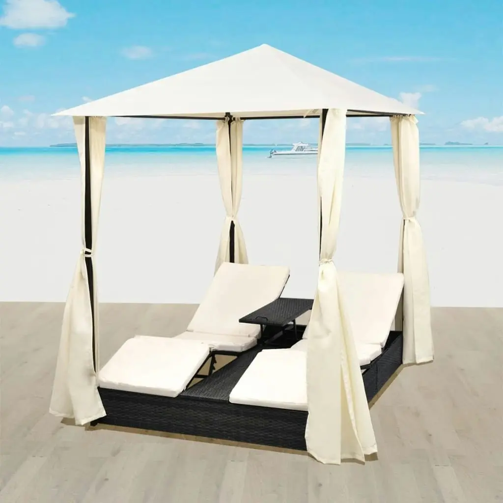 Double Sun Lounger with Curtains Poly Rattan Black 42891