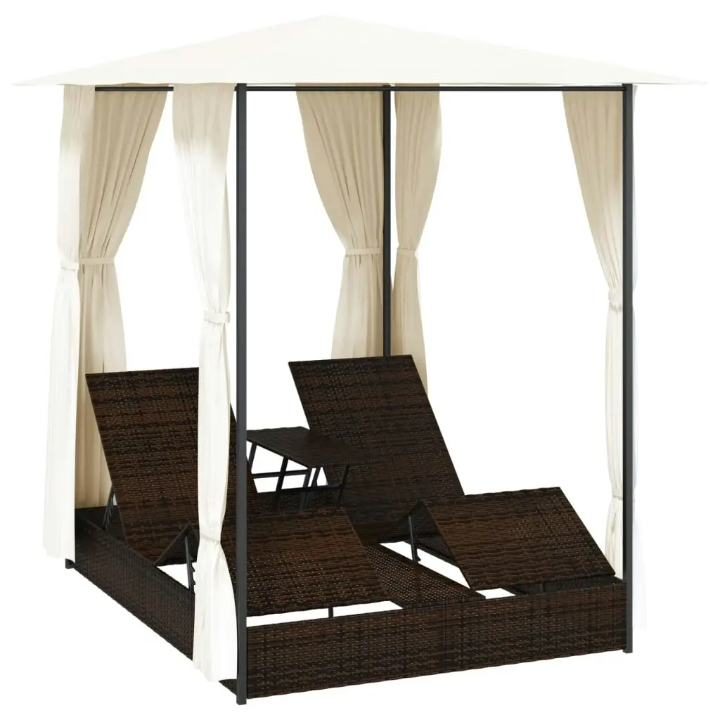 Double Sun Lounger with Curtains Poly Rattan Brown 42890