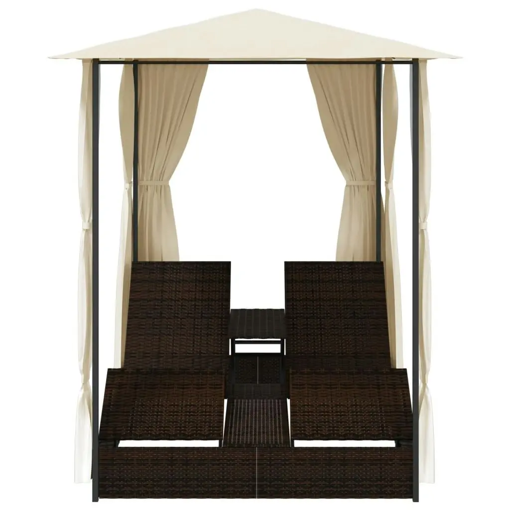 Double Sun Lounger with Curtains Poly Rattan Brown 42890