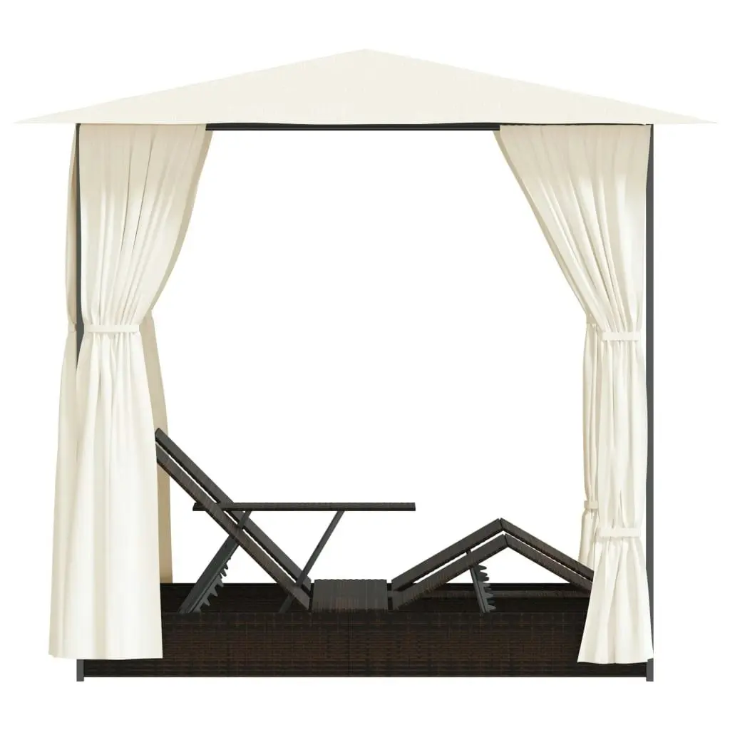 Double Sun Lounger with Curtains Poly Rattan Brown 42890