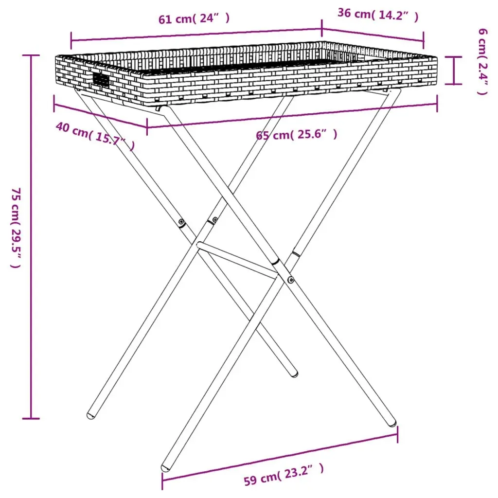 Folding Tray Table Black 65x40x75 cm Poly Rattan 365127