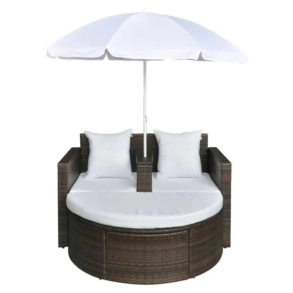 Garden Bed with Parasol Brown Poly Rattan 40734