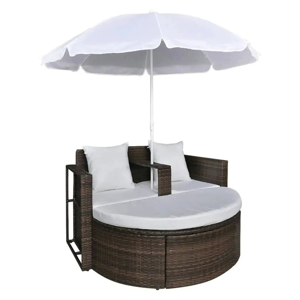 Garden Bed with Parasol Brown Poly Rattan 40734