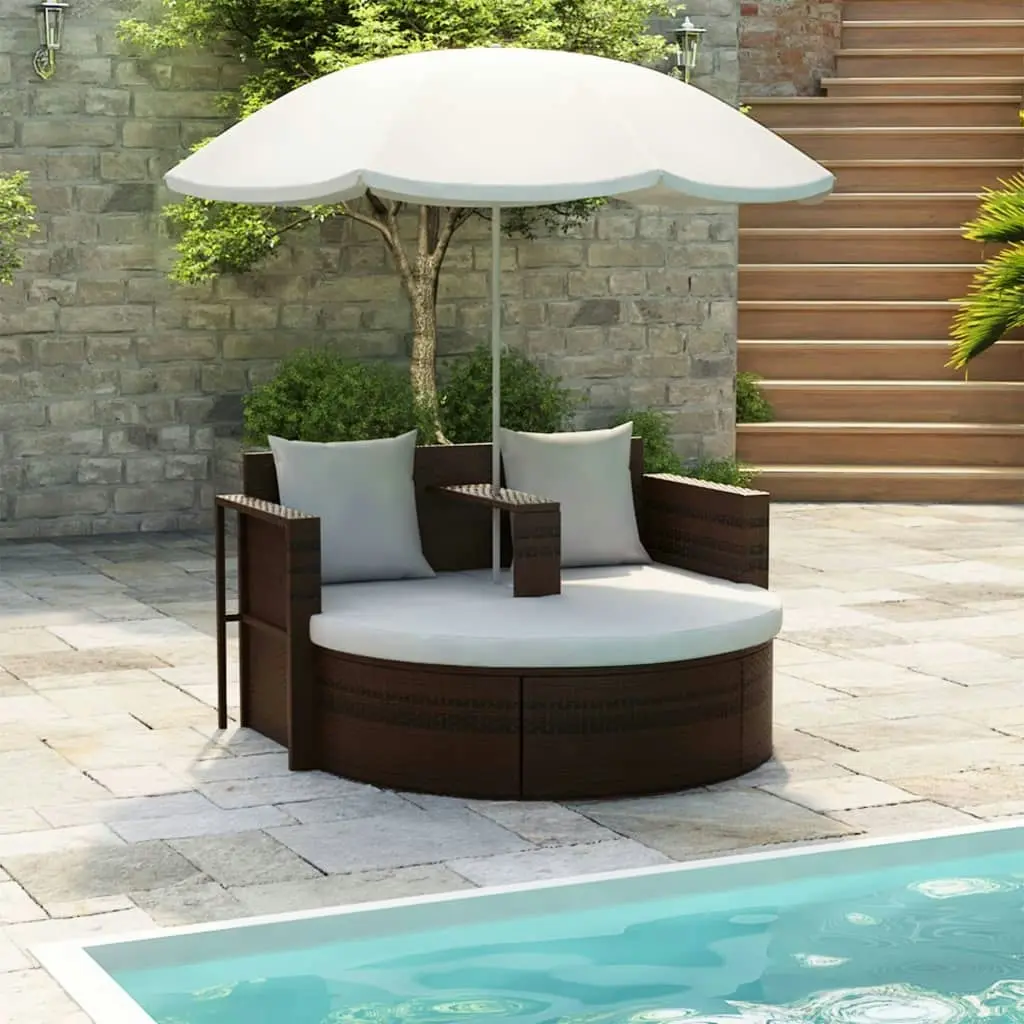 Garden Bed with Parasol Brown Poly Rattan 40734