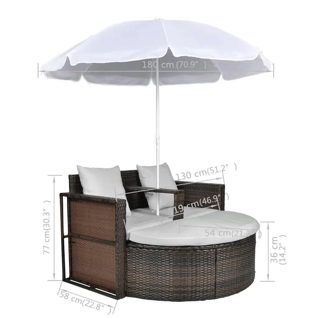 Garden Bed with Parasol Brown Poly Rattan 40734