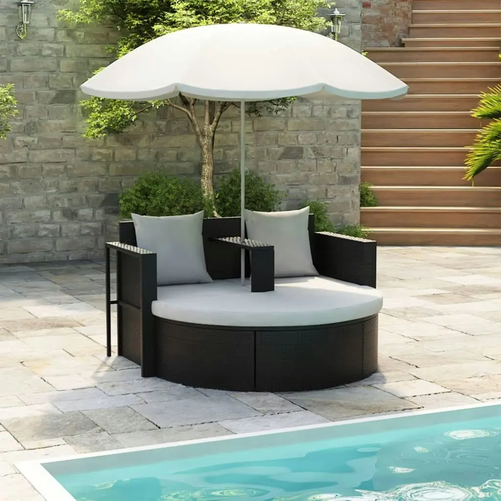 Garden Bed with Parasol Black Poly Rattan 40735