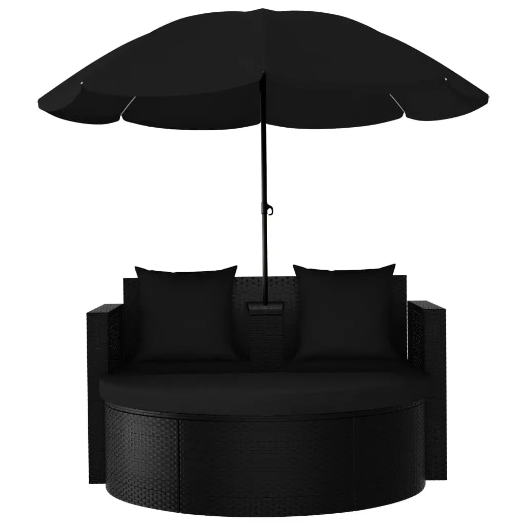 Garden Bed with Parasol Poly Rattan Black 47398