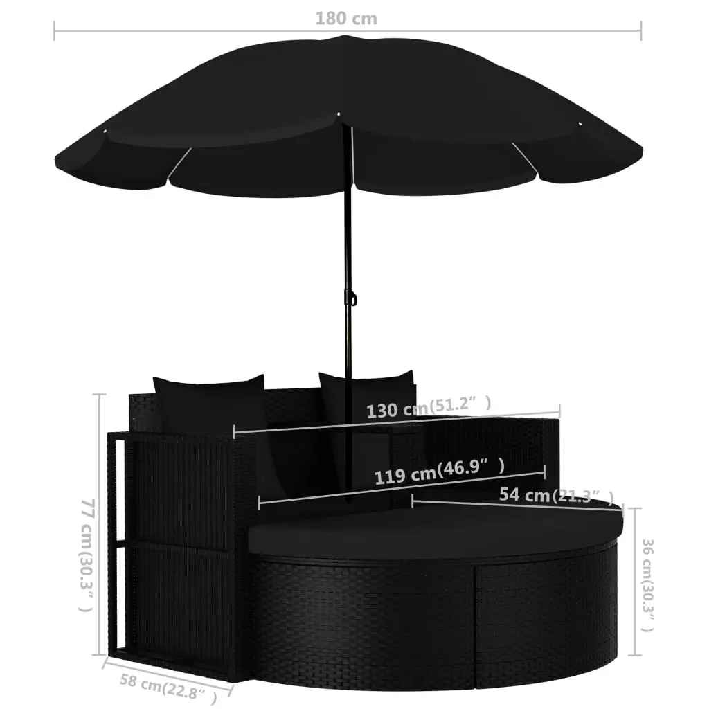 Garden Bed with Parasol Poly Rattan Black 47398