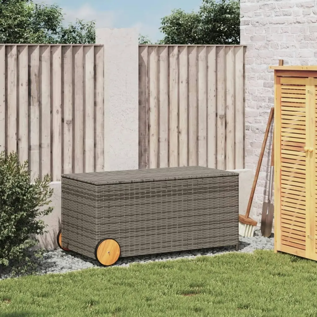 Garden Storage Box with Wheels Grey 190L Poly Rattan 365326