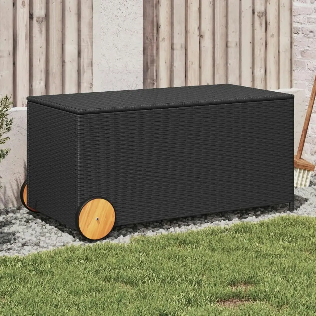 Garden Storage Box with Wheels Black 190L Poly Rattan 365324