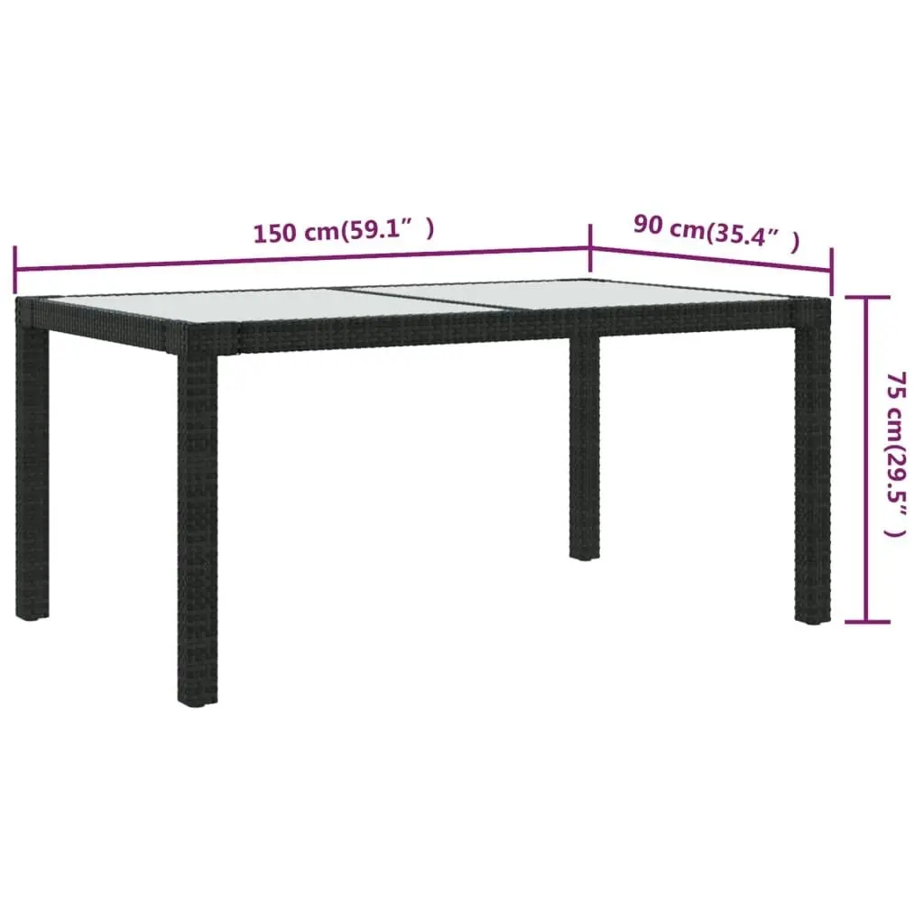 Garden Table 150x90x75 cm Tempered Glass and Poly Rattan Black 316705