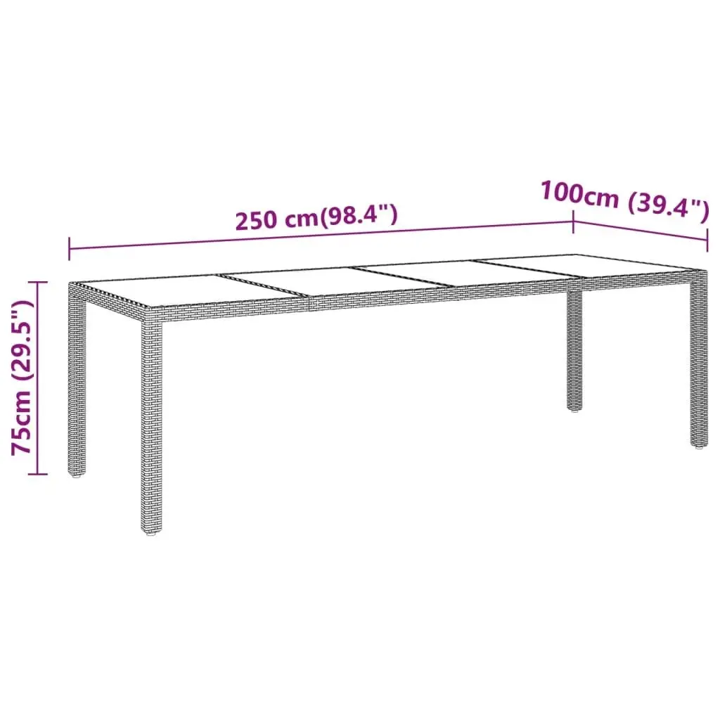 Garden Table 250x100x75 cm Tempered Glass and Poly Rattan Grey 310593