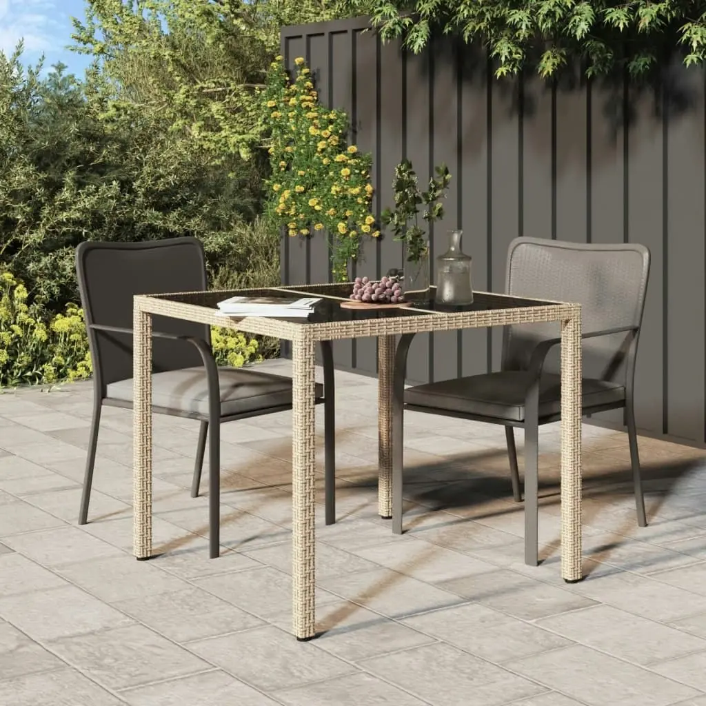 Garden Table 90x90x75 cm Tempered Glass and Poly Rattan Beige 316703