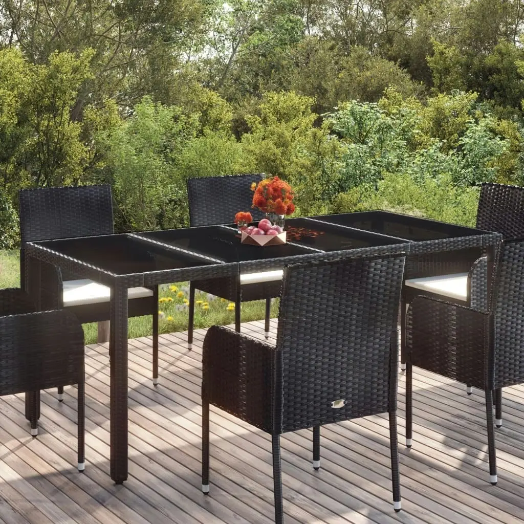 Garden Table with Glass Top Black 190x90x75 cm Poly Rattan 319903