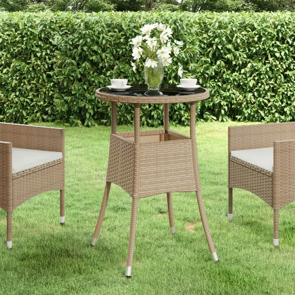 Garden Table Ã˜60x75 cm Tempered Glass and Poly Rattan Beige 310601