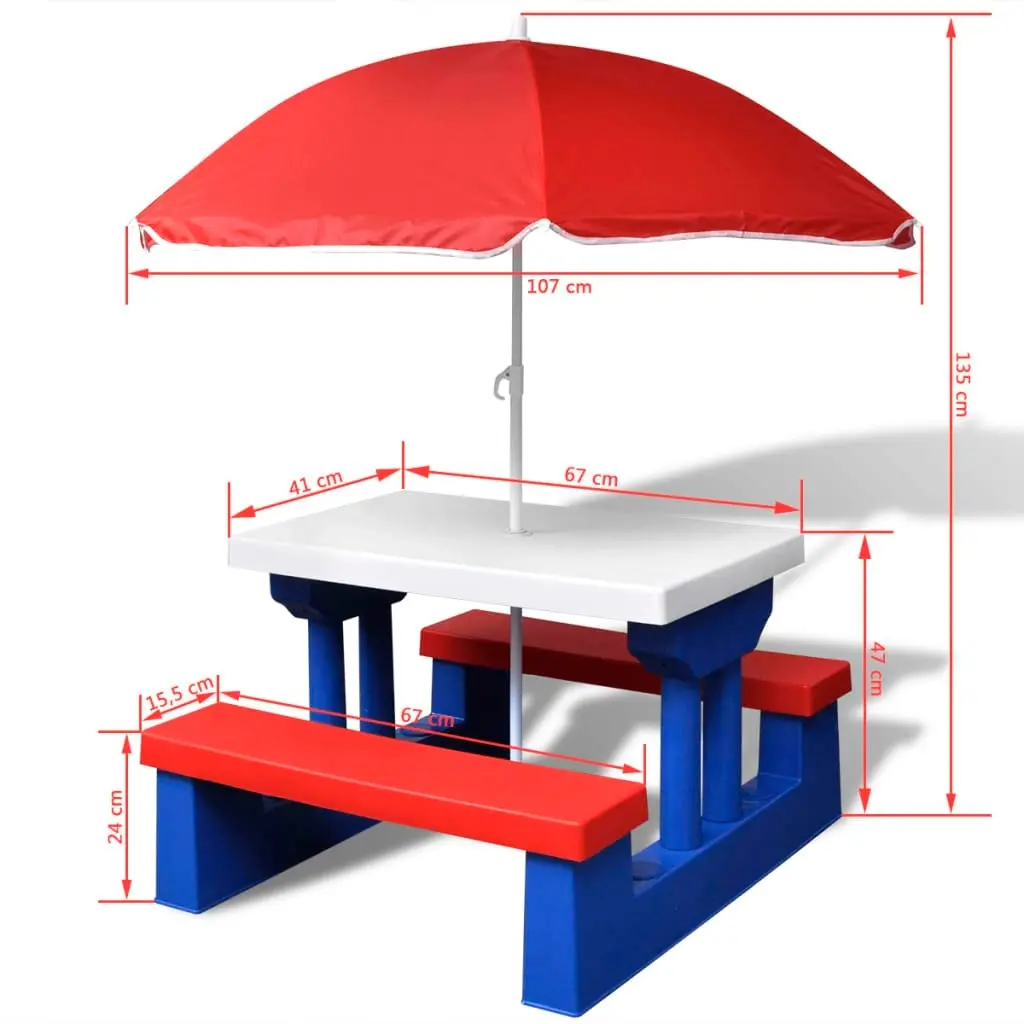 Kids' Picnic Table with Benches and Parasol Multicolour 41455