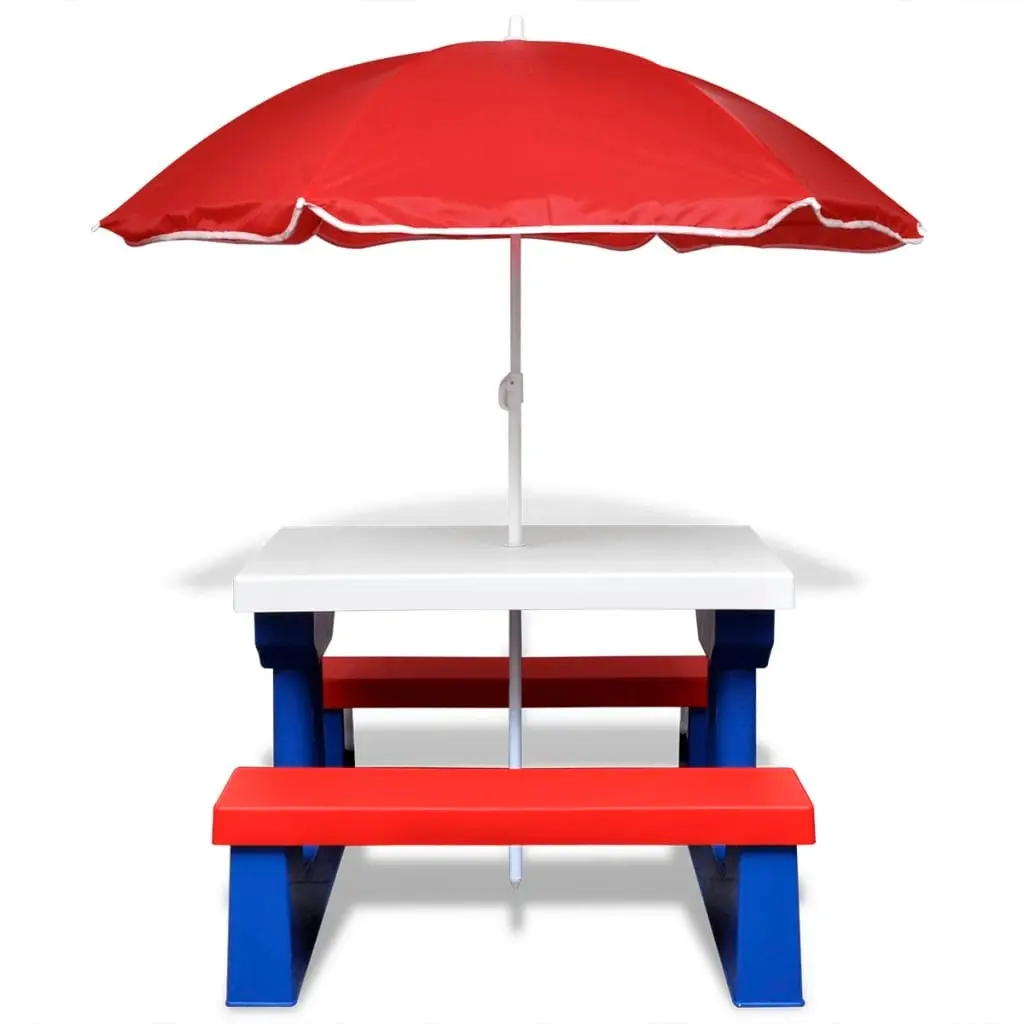 Kids' Picnic Table with Benches and Parasol Multicolour 41455