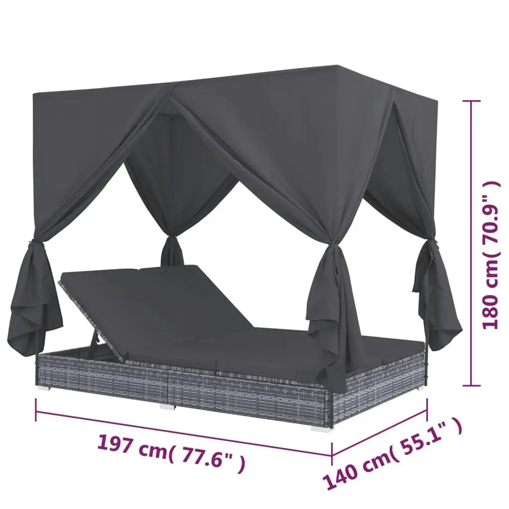 Outdoor Lounge Bed with Curtains Poly Rattan Grey 45647