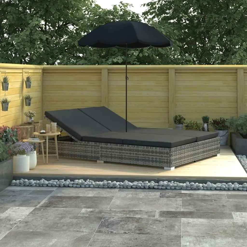 Outdoor Lounge Bed with Umbrella Poly Rattan Grey 48125