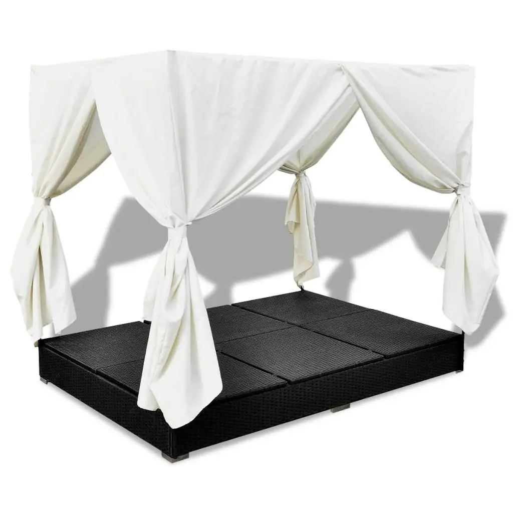 Outdoor Lounge Bed with Curtains Poly Rattan Black 42948