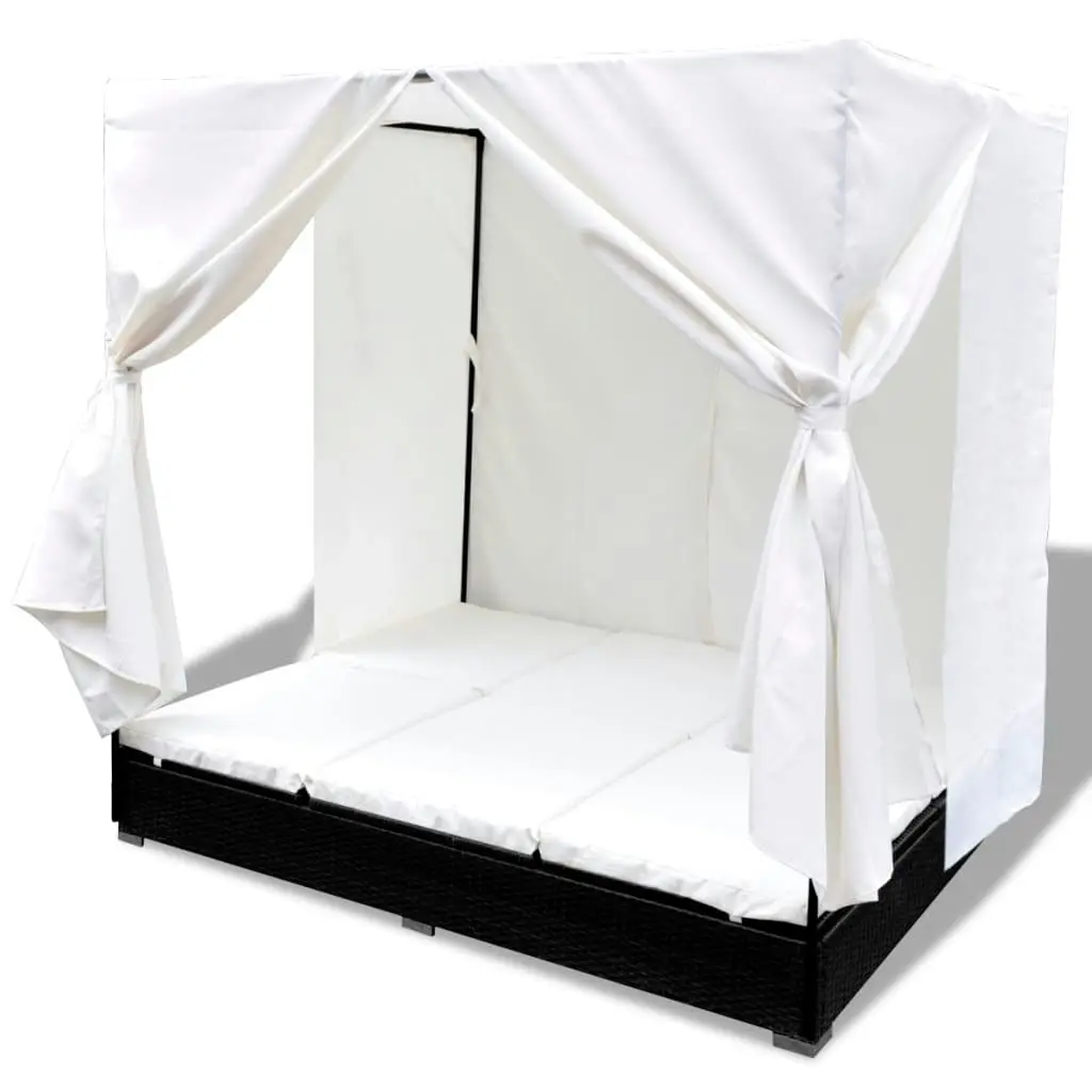 Outdoor Lounge Bed with Curtains Poly Rattan Black 42948