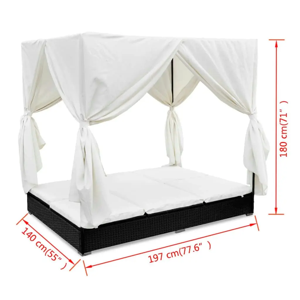 Outdoor Lounge Bed with Curtains Poly Rattan Black 42948