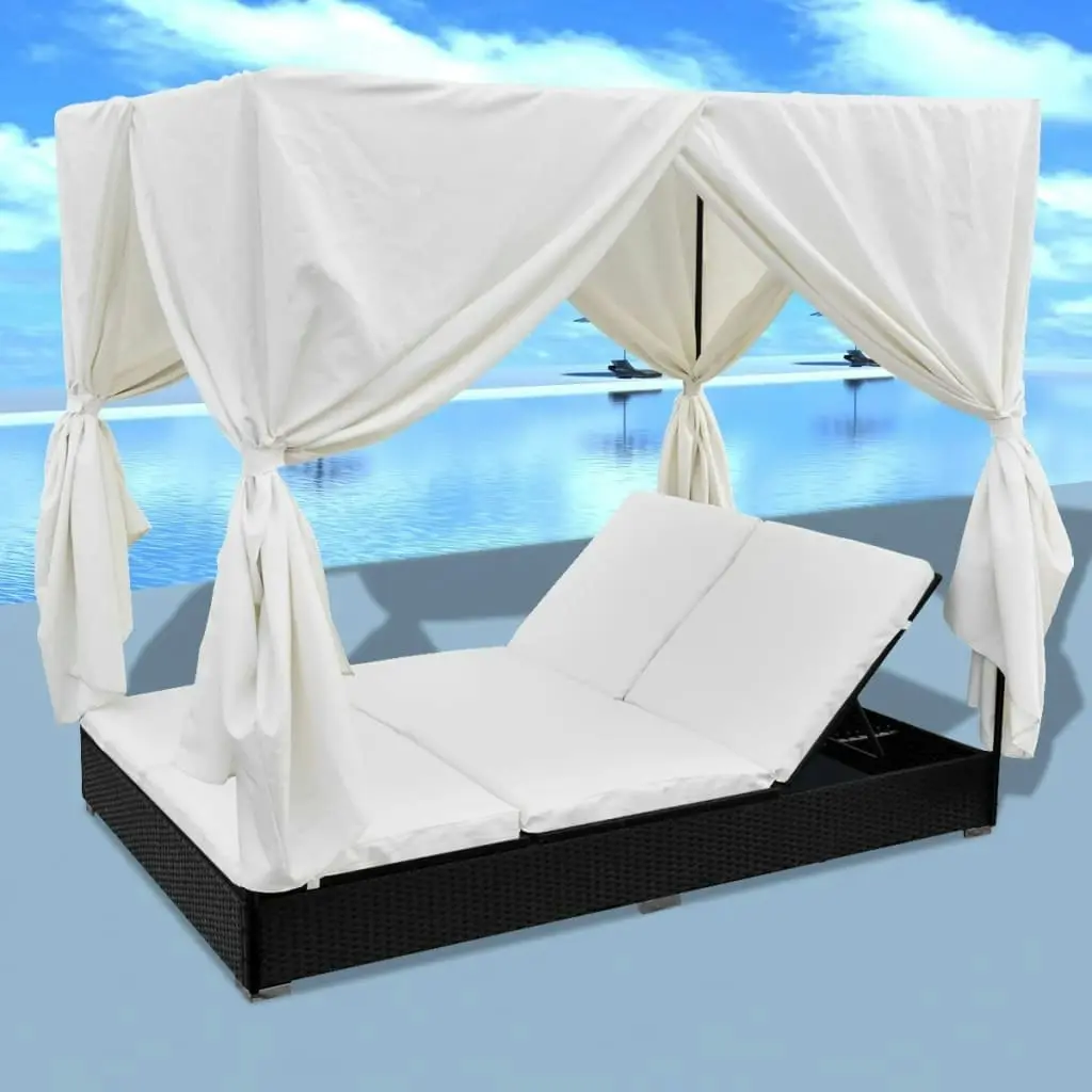 Outdoor Lounge Bed with Curtains Poly Rattan Black 42948