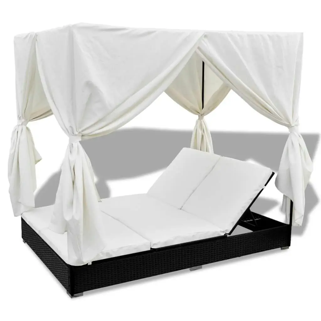 Outdoor Lounge Bed with Curtains Poly Rattan Black 42948