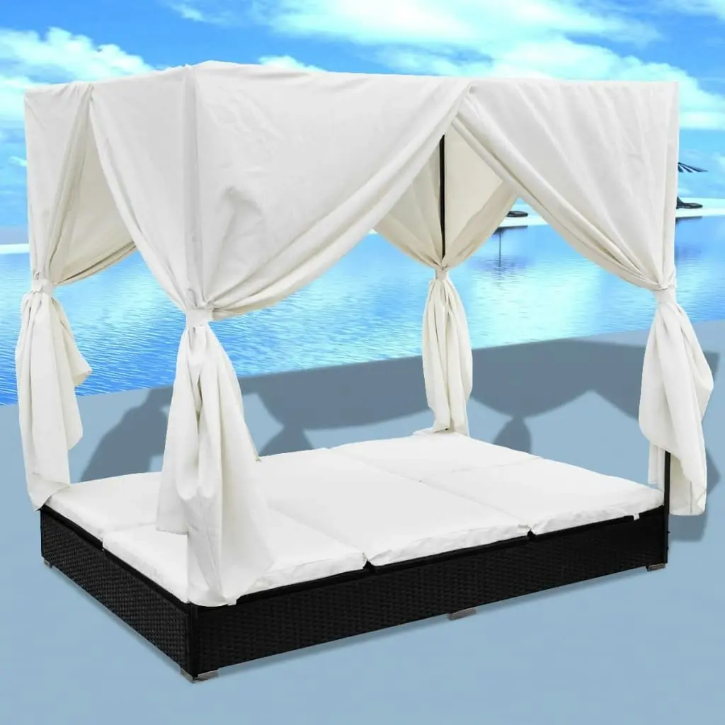 Outdoor Lounge Bed with Curtains Poly Rattan Black 42948