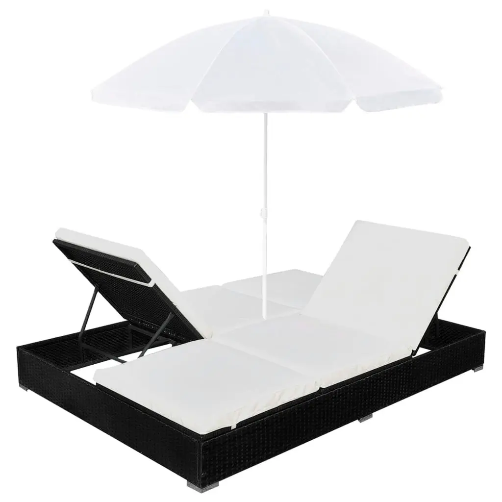 Outdoor Lounge Bed with Umbrella Poly Rattan Black 42950