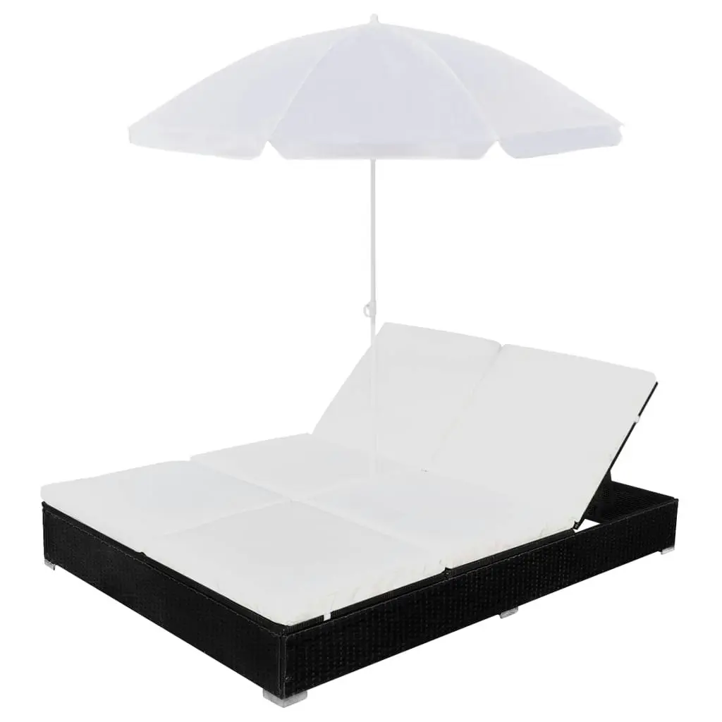 Outdoor Lounge Bed with Umbrella Poly Rattan Black 42950