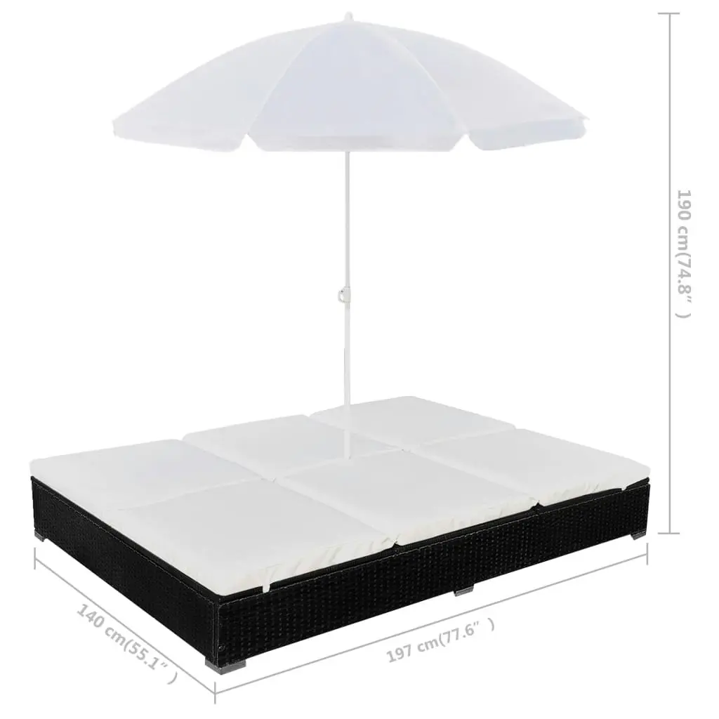 Outdoor Lounge Bed with Umbrella Poly Rattan Black 42950