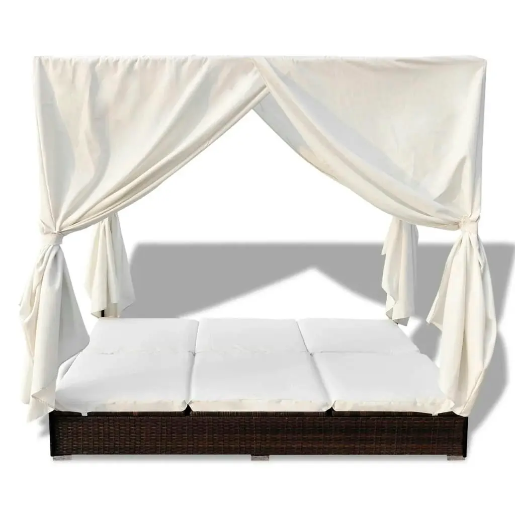 Outdoor Lounge Bed with Curtains Poly Rattan Brown 42947