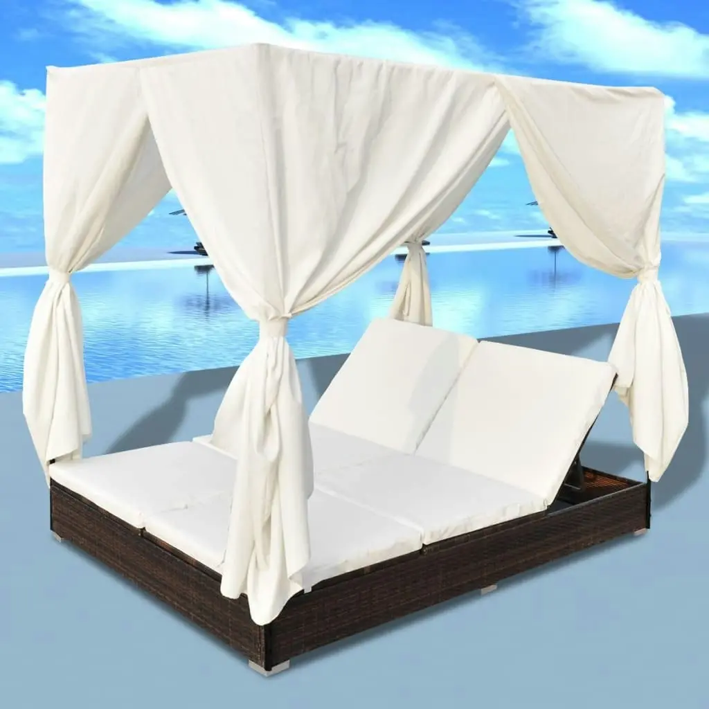 Outdoor Lounge Bed with Curtains Poly Rattan Brown 42947