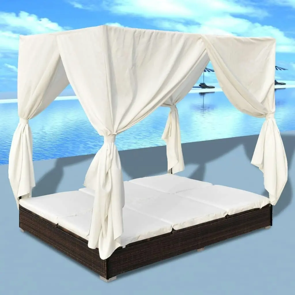 Outdoor Lounge Bed with Curtains Poly Rattan Brown 42947