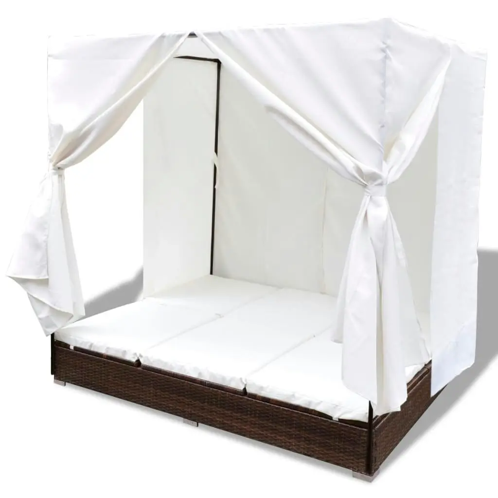 Outdoor Lounge Bed with Curtains Poly Rattan Brown 42947