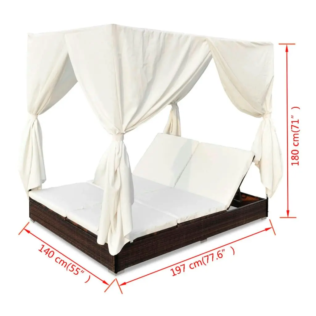 Outdoor Lounge Bed with Curtains Poly Rattan Brown 42947