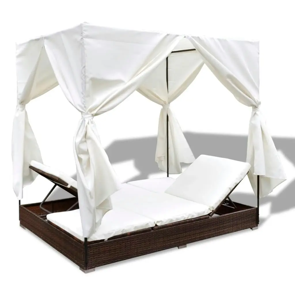 Outdoor Lounge Bed with Curtains Poly Rattan Brown 42947