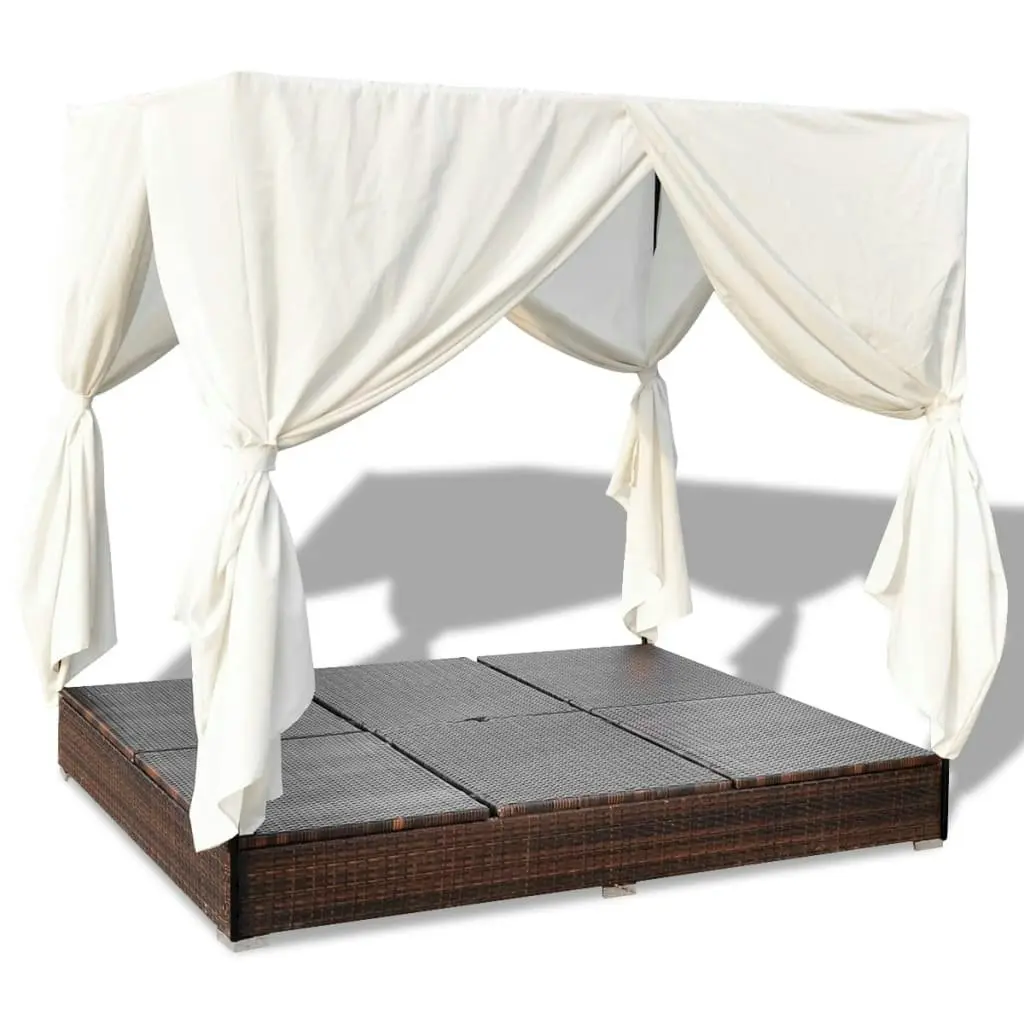 Outdoor Lounge Bed with Curtains Poly Rattan Brown 42947